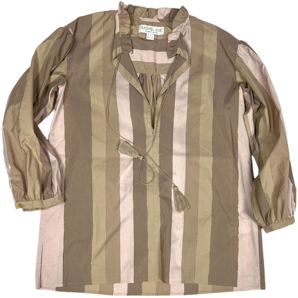 Rachel Zoe Blouse Striped Tassel Tie Front Top Brown Tan Cream Women's 2‎ Shirt